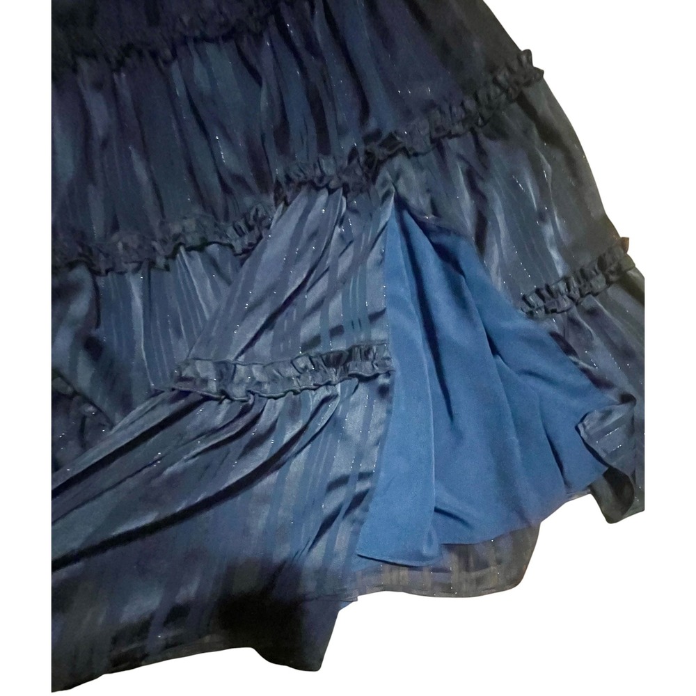Lulus Navy Blue Metallic Striped Tiered Midi Dress Tie-Strap Side Slit Small - Picture 3 of 8